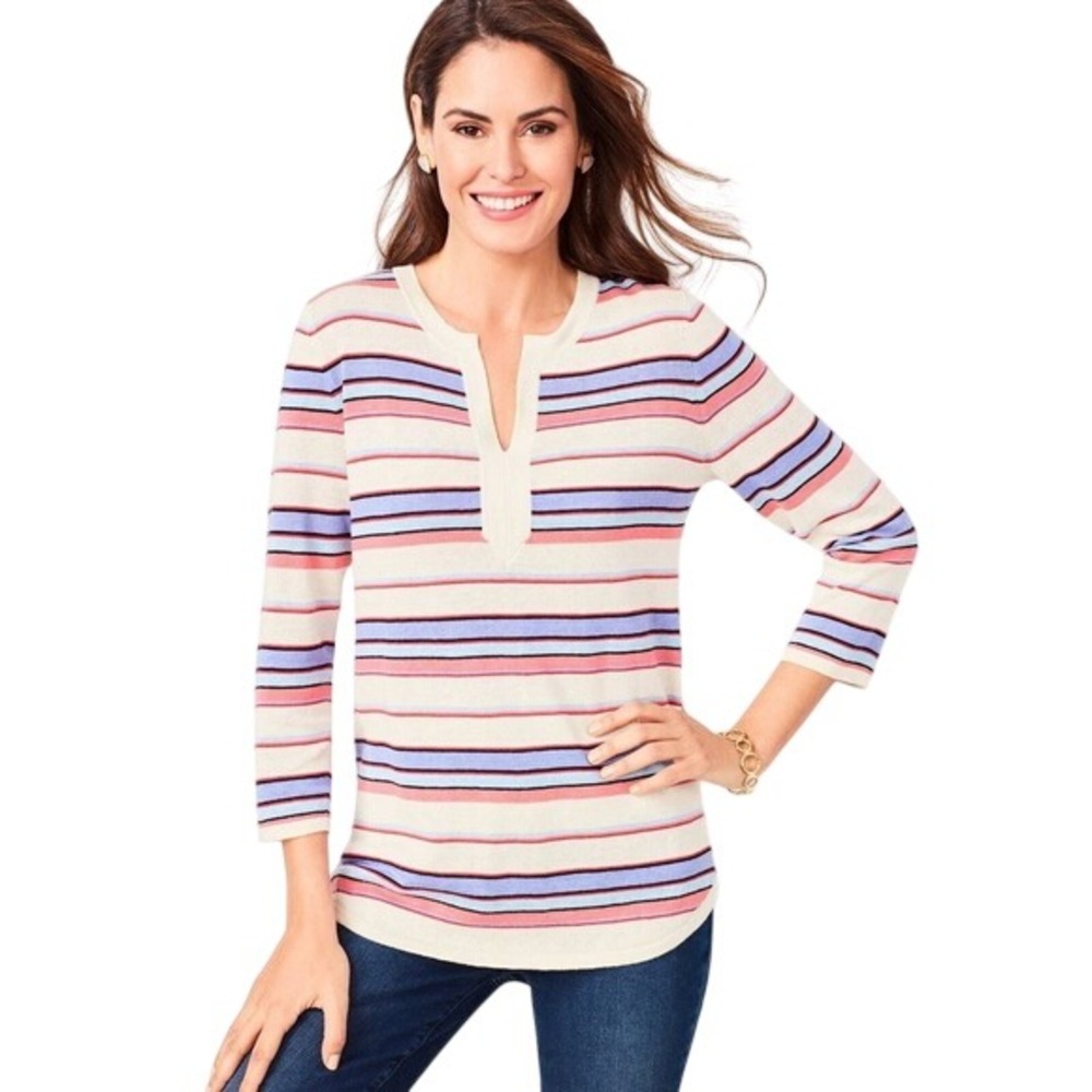 Talbots Linen Blend Coastal Classic Style Striped‎ Shirt S Split Neck 3/4 Sleeve
